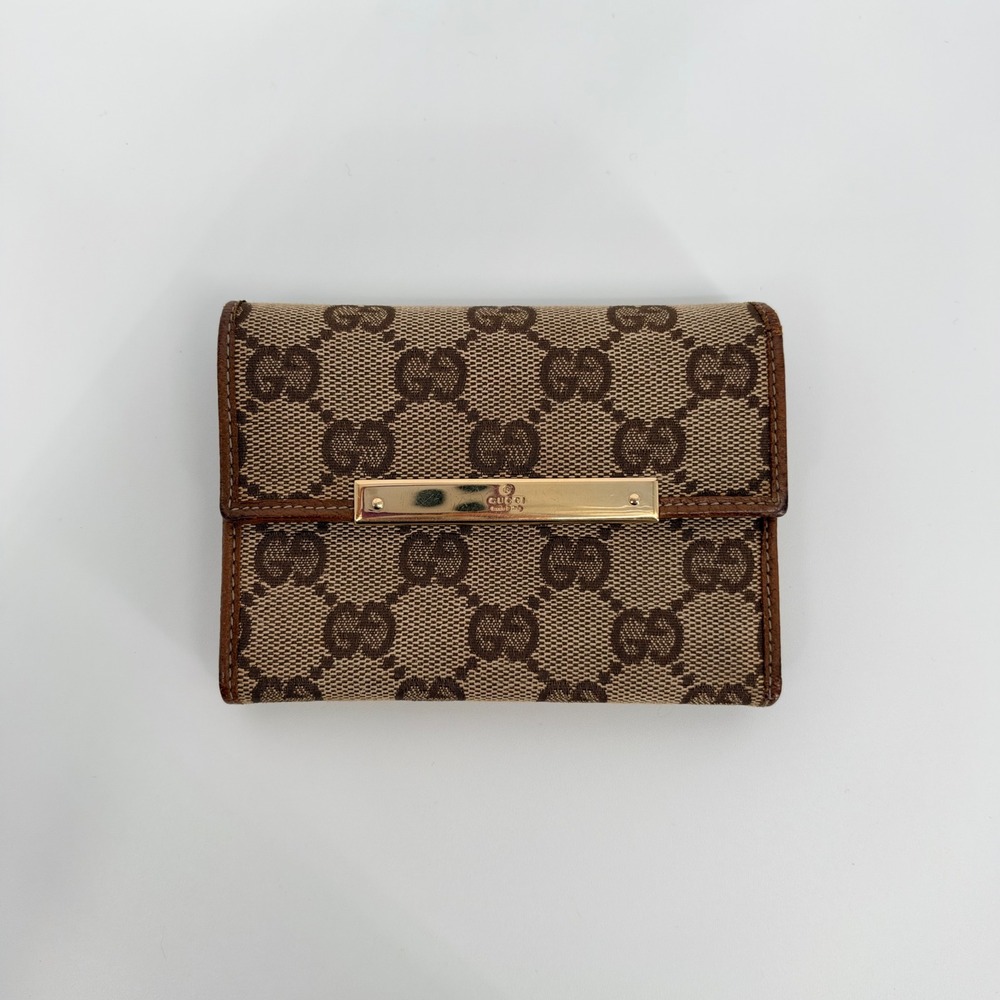 Gucci Trifold Wallet Brown GG Supreme Canvas Leather Gold Logo Compact Designer